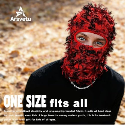 Distressed Ski Mask Balaclava, Yeat Shiesty Knitted Full-Face Mask - color: Redblack