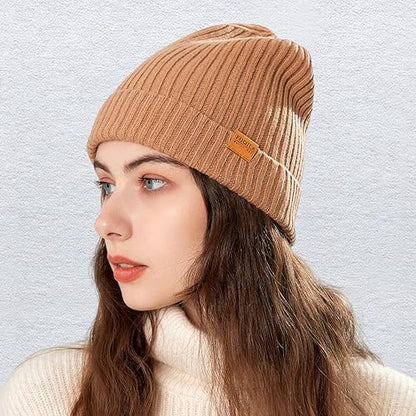 100% Merino Wool Cuff Beanie Hat, Unisex Warm Winter Caps Soft, Breathable & Cozy Stretchy Knitted Cuffed Cap - color: Camel