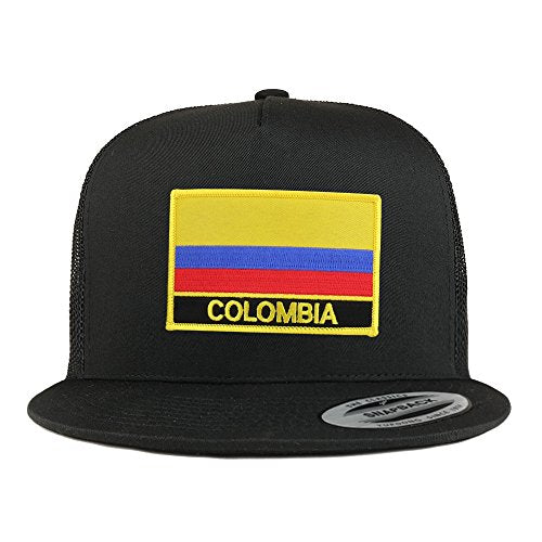 Trendy Apparel Shop Colombia Flag 5 Panel Flatbill Trucker Mesh Snapback Cap - color: Black