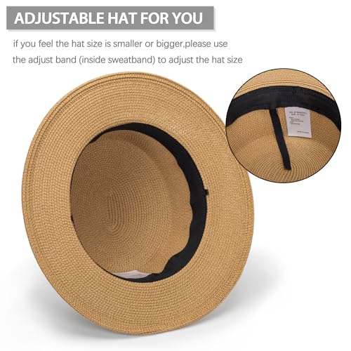 Straw Boater Summer Sun Hat - Wide Brim Fedora Panama Beach Hat for Women - color: Khaki10