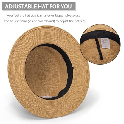 Straw Boater Summer Sun Hat - Wide Brim Fedora Panama Beach Hat for Women - color: Khaki10
