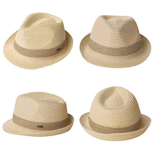 Fancet Packable Straw Fedora Panama Sun Summer Beach Hat Cuban Trilby Men Women 56-67cm - color: 16010#beige, size: Large