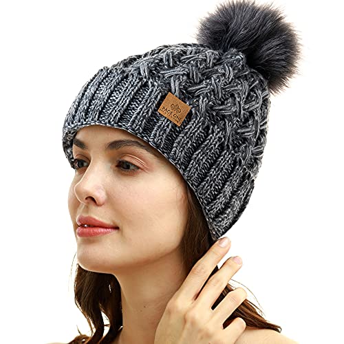 PAGE ONE Womens Winter Ribbed Beanie Crossed Cap Chunky Cable Knit Pompom Soft Warm Hat - color: Mixed Dark Grey