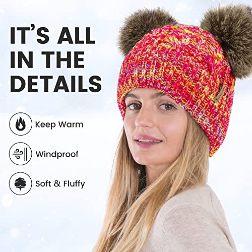 Arctic Paw Pom Pom Beanie Cable Knit Fleece Lined Winter Beanie Women Hat - color: Mix Pink Yellow