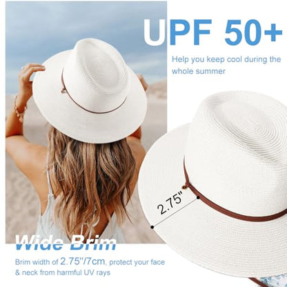 DRESHOW Womens Summer Straw Sun Hat Wide Brim Bucket Hats Fedora Hat Panama Beach Hat with Chin Strap UPF 50+ - color: 1 Pc Panama Fedora: White