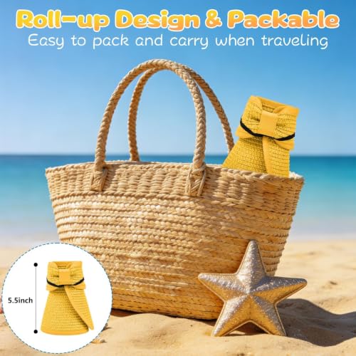 ZOORON Girls Straw Sun Visor Hat, Wide Brim Ponytail Beach Hat with Bow - color: Orange Yellow