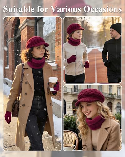 Loritta 3 in 1 Womens Winter Hat Gloves Scarf Set, Warm Hat Mittens - color: Wine