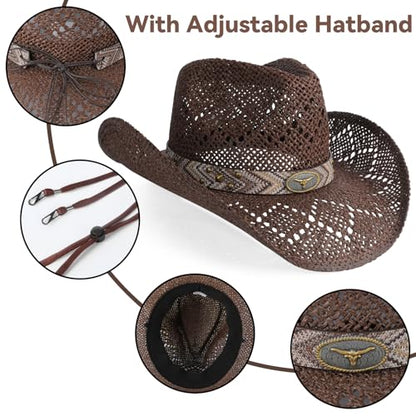 WQWOVRVO Cowboy Hat,Cowgirl Hat,Cowboy Hats for Women/Mens/Straw Wide with Shapeable Brim Western Cowboy Hat for Womens - color: Brownish Color