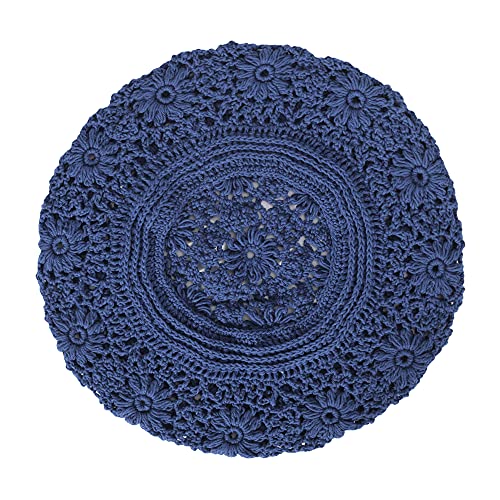 ZLYC Women Cotton Slouchy Crochet Beret Handmade Cutout Floral Beanie Hat - color: Plain Navy