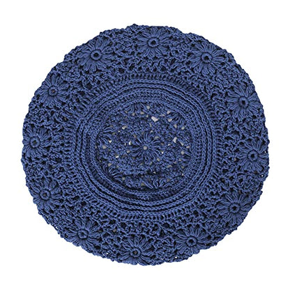 ZLYC Women Cotton Slouchy Crochet Beret Handmade Cutout Floral Beanie Hat - color: Plain Navy