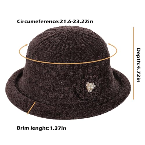 Women Winter Knit 1920s Vintage Bucket Bowler Hat Round Brim Warm Hat - color: 2dark Khaki