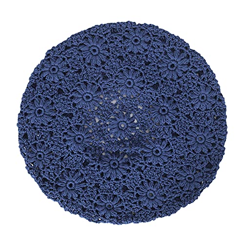 ZLYC Women Cotton Slouchy Crochet Beret Handmade Cutout Floral Beanie Hat - color: Plain Navy