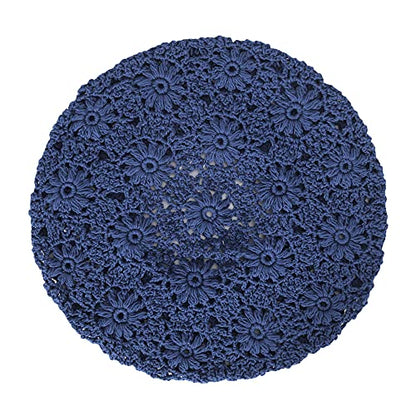 ZLYC Women Cotton Slouchy Crochet Beret Handmade Cutout Floral Beanie Hat - color: Plain Navy
