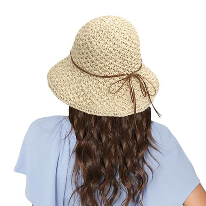 Women Wide Brim Sun Hat UPF50 Straw Summer Hat Floppy Beach Hat Roll-Up - color: Straw Hat Beige