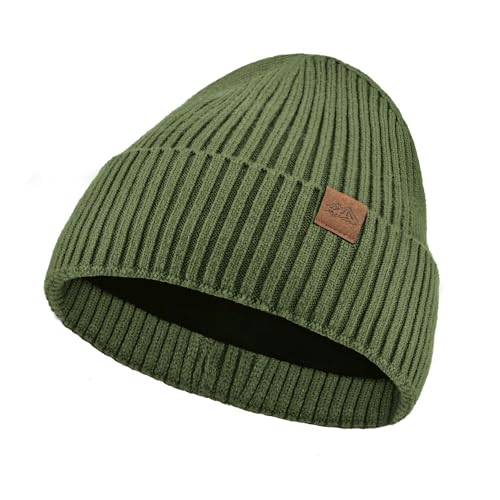 Unisex XXL Winter Hat, Fleece Lined Beanie Skull Cap Thermal Beanies Warm Ski Hat for Cold Weather - color: Olive Green