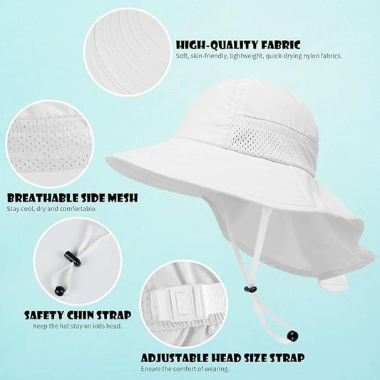 Toddler Baby Sun Hat Kids Summer Beach Essentials Adjustable Beach Hats with Bucket Wide Brim for Boys Girls Age 0-14 Years - color: 2 Pack (Grey + White), size: 6-24 Months