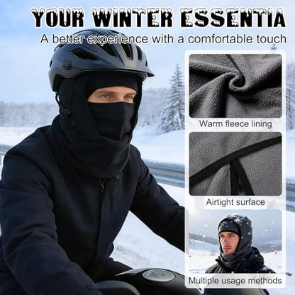 Outdoor Winter Warm Hat Neckband Integrated Cycling Mask, Winter Balaclava Ski Mask, Windproof Fleece Face Cover - color: Black