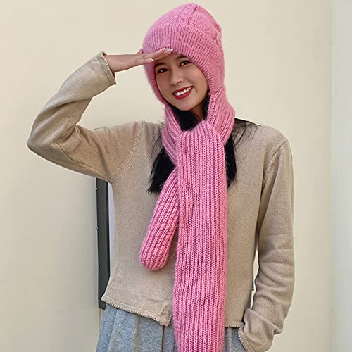 Winter Warm Elastic Soft Ear Protection Knitted Scarf Hat Fleece Lined Beanie Hat - color: H01-pink