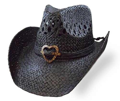Women's Straw Cowboy Hat with Shapeable Brim, Wooden Heart Accent - color: Black