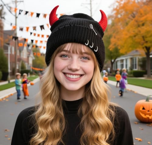 Distressed Ring Beanie Hat for Women Men Slouchy Skull Cap - color: Horns Black