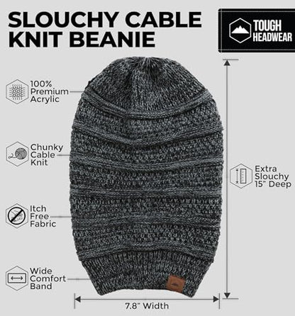 Tough Headwear Slouchy Oversized Beanie Hat - Warm Winter Hats for Women - Stretch Fit Mens Beanie - color: Black Gray