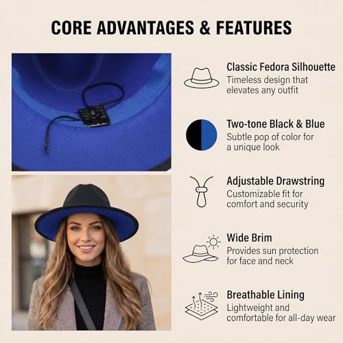 UPSTORE Wide Brim Fedora Hat for Men Women Classic Black Red Panama Hat Two Tone Jazz Hat - color: Blue