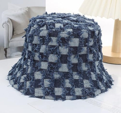 Women's Washed Cotton Bucket Hat Cowboy Checkerboard Fishermen Hat - color: Dark Blue