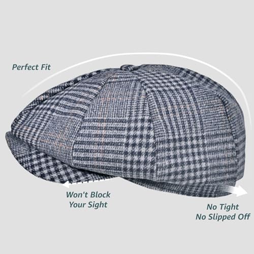 Mens Newsboy Cap High Woolen Tweed Gatsby Hat Ivy Cabbie Flat Golf Cap for Fathers Women Unisex - color: Plaid Grey, size: 7-7 1/8