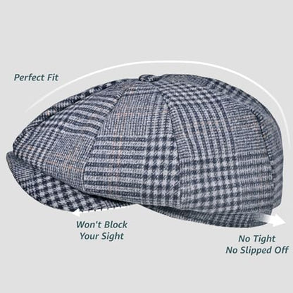 Mens Newsboy Cap High Woolen Tweed Gatsby Hat Ivy Cabbie Flat Golf Cap for Fathers Women Unisex - color: Plaid Grey, size: 7-7 1/8