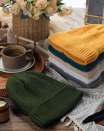 Suhine 6 Pcs Fleece Lined Beanie Hats Bulk Men Women Warm Knitted Cuffed Beanie Thick Knit Skull Cap for Cold Weather - color: Warm Color