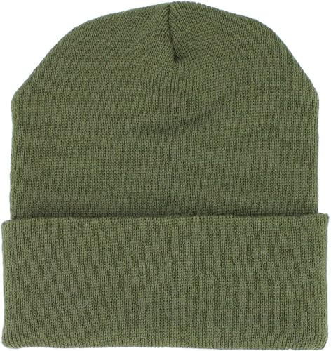KBETHOS Made in USA Classic Men's Women's Cuffed Folded Acrylic Knit Beanie Hat Solid Unisex Cold - color: Olive Solid Long Beanie