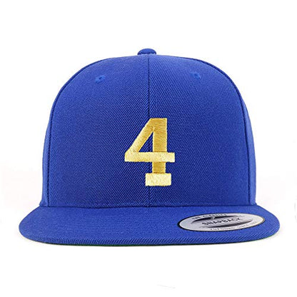Trendy Apparel Shop Number 4 Gold Thread Flat Bill Snapback Baseball Cap - color: Royal