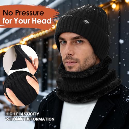Trifabricy Winter Knit Hat Scarf Set, Fleece Lined Beanie and Neck Warmer - color: Black