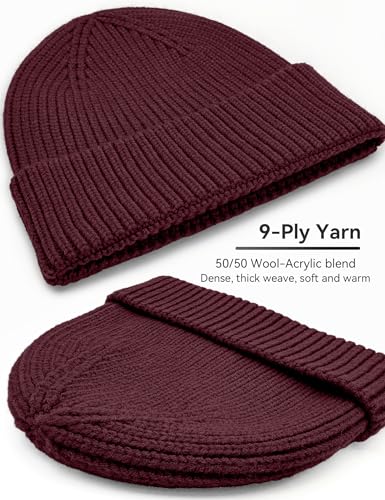 vidsel 50% Wool Thick Beanie Hat Men Women, Seamless Cuffed Winter Knit Cap - color: 1pcs Burgundy