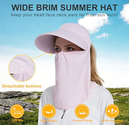 Women Wide Brim Face Mask Sun Hat Detachable Neck Face Flap Ponytail UV Protection Visor Hat Garden Fishing Hiking - color: Bg8094-pink