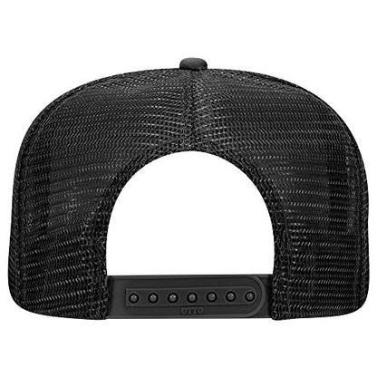 OTTO SNAP Round Flat Visor High Crown Mesh Back 5 Panel Trucker Snapback - color: Blk/Wht/Blk
