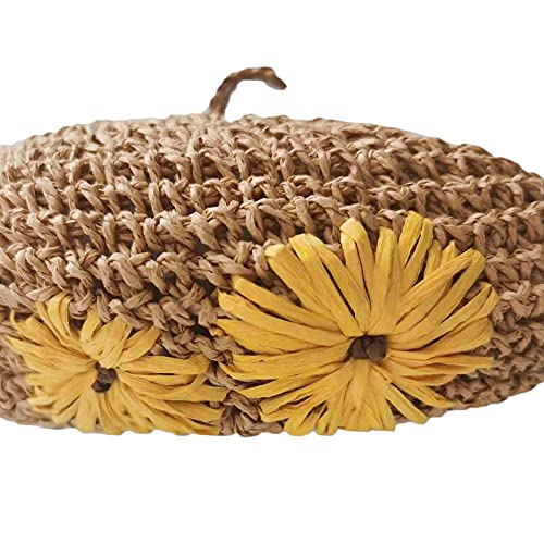 Straw Beret Summer French Beret Hats for Women Artist Crochet Beret - color: Khaki Flower