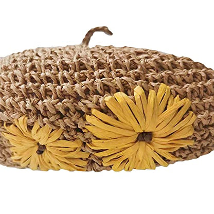 Straw Beret Summer French Beret Hats for Women Artist Crochet Beret - color: Khaki Flower