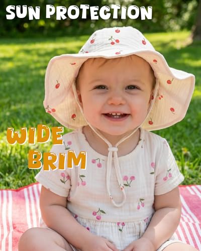 HONGTEYA Baby Sun Hat Muslin Wide Brim Toddler Girl Beach Bucket Hat - color: Pink/Cherry, size: 6-24 Months
