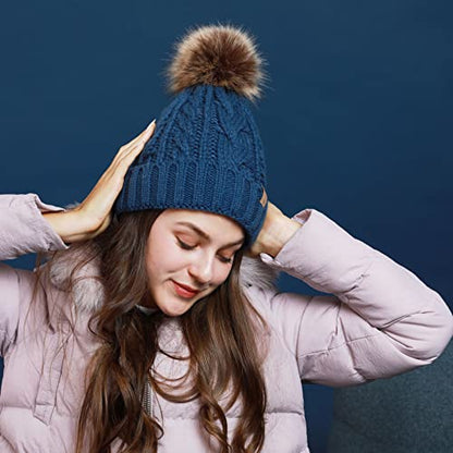REDESS Women Winter Pompom Beanie Hat with Warm Fleece Lined Thick Slouchy Snow Knit Hat Skull Ski Cap - color: Dark Olive