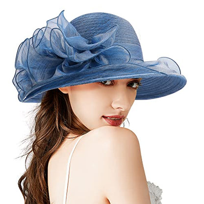 Bellady Big Brim Hat Organza Hats Summer Beach Cap Tea Party Wedding Fascinator Church Hats - color: Navy
