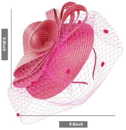Kentucky Derby Fascinators for Women High Tea Party Hat Wedding Cocktail Flower Headware with Mesh and Feathers - color: Z-f0271-fushia