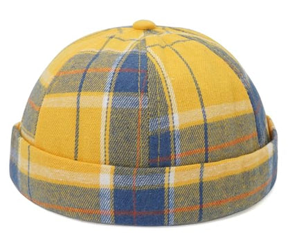 DIYDECAL Striped Plaid Brimless Worker Cap,Retro Skullcap Docker Hat for Men Womens - color: Yellow