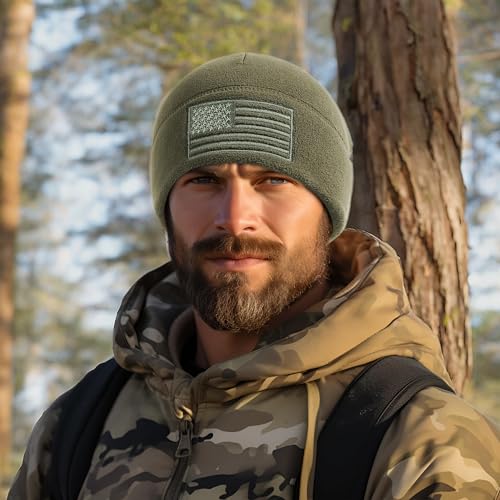 OUTDOOR SHAPING American Flag Fleece Beanie with Embroidered Patch Hat - color: Army Olive