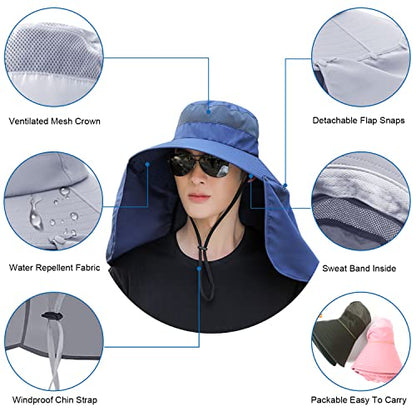 Women Wide Brim Face Mask Sun Hat Detachable Neck Face Flap Ponytail UV Protection Visor Hat Garden Fishing Hiking - color: Bg9215-navy