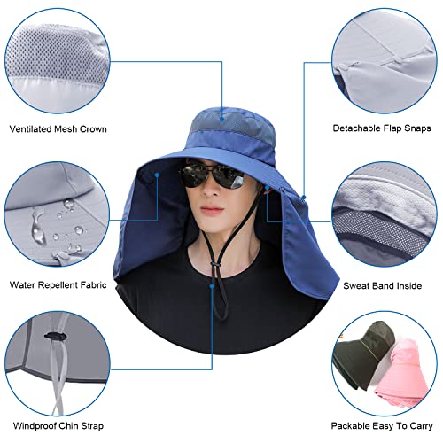 Women Wide Brim Face Mask Sun Hat Detachable Neck Face Flap Ponytail UV Protection Visor Hat Garden Fishing Hiking - color: Bg9215-navy