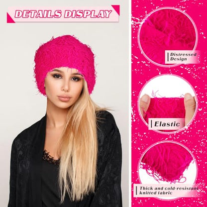 Chuarry Distressed Knitted Beanie Fuzzy Winter Hat - color: Rose Red