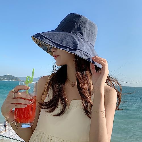 HUAMULAN Wide Brim Women Summer Sun Floppy Hat Reversible Beach Bucket Hat - color: M1744-navy