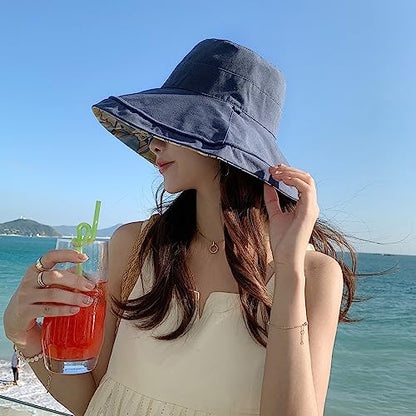 HUAMULAN Wide Brim Women Summer Sun Floppy Hat Reversible Beach Bucket Hat - color: M1744-navy
