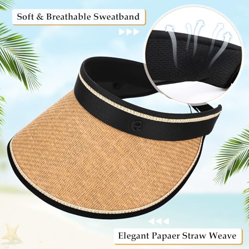 12 Pack Wide Brim Sun Visor Hats for Women UPF 50+ Foldable Straw Beach Hat UV Protection for Travel, Vacation - color: Khaki